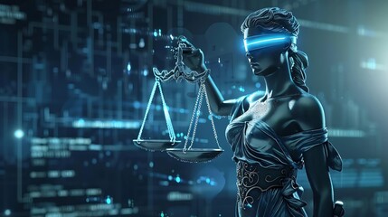 Lady Justice a symbol of justice in a futuristic digital setting with holding scales of justice and wearing VR headset for representing intersection of law technology virtual legal innovation concept.