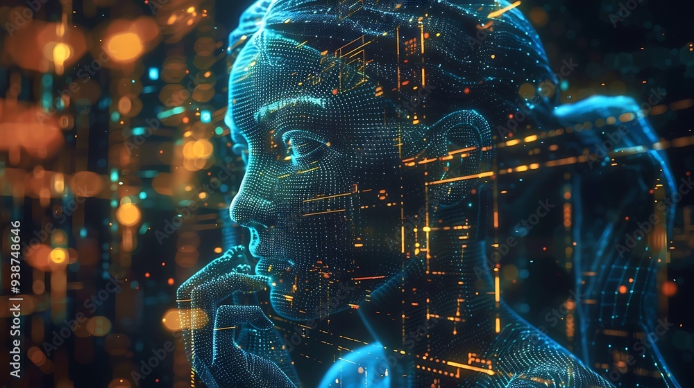 Aufkleber digital of a woman, constructed from glowing lines and dots, representing the integration of technol