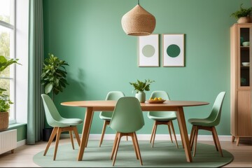 Mint color chairs at round wooden dining table in room with sofa and cabinet near green wall. Scandinavian, mid-century home interior design of modern living room