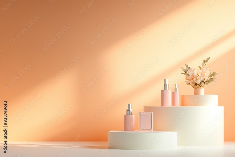 Poster illuminated multi-tiered 3d podium displaying beauty products with rotating platforms under soft spo