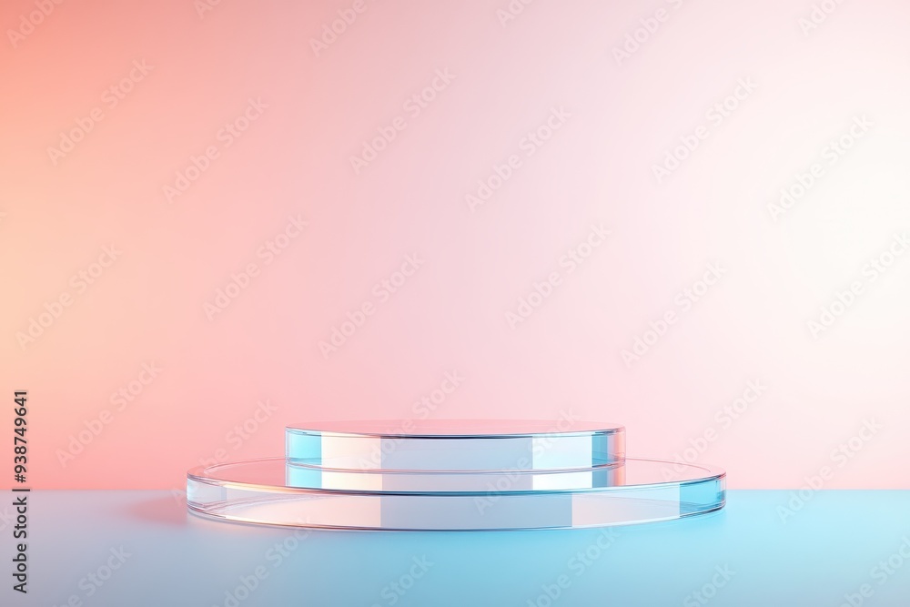 Poster modern 3d glass podium with floating circular steps for elegant product presentation on gradient bac