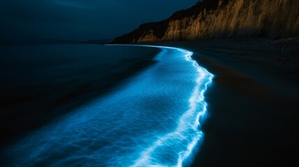 Fototapeta premium A mesmerizing image of bioluminescent plankton glowing in the ocean at night The tiny organisms create a stunning ethereal blue glow illuminating the waves and leaving trails of light in the water The