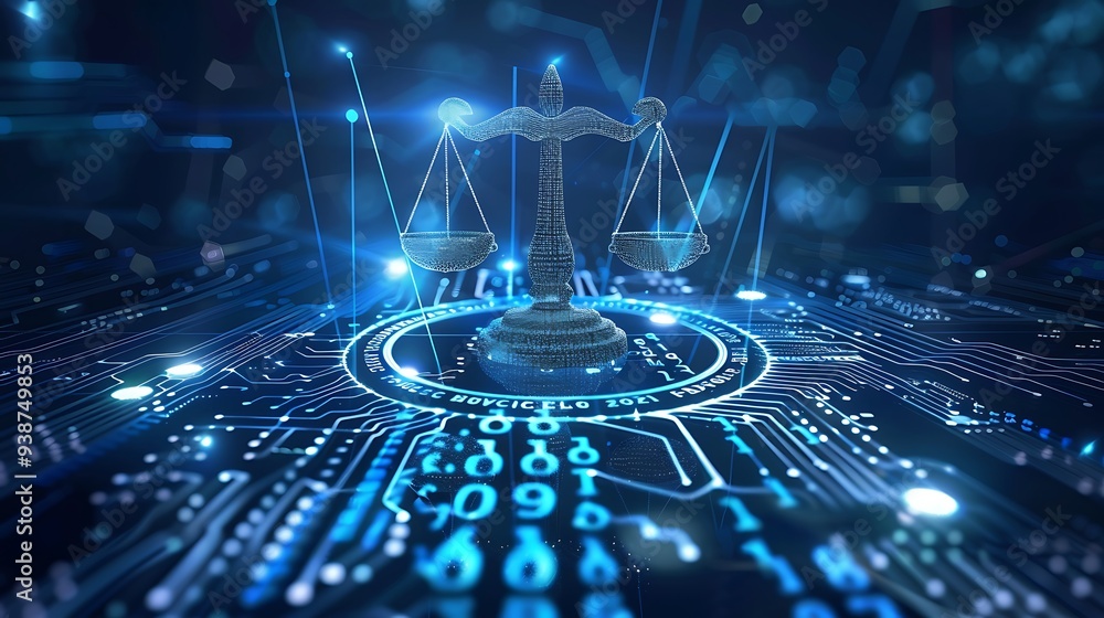 Poster digital rendering of the scales of justice on a circuit board, representing the intersection of law 