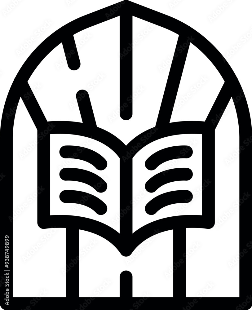 Poster open book placed in an arched window frame symbolizing the pursuit of knowledge and the importance o