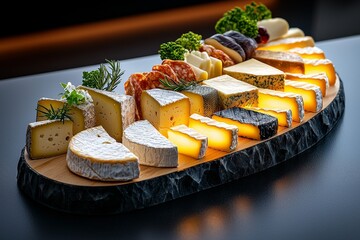 A 3D French cheese platter with soft glow, representing the diverse culinary traditions of France.