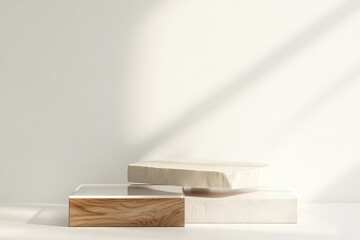 Illuminated Multi-layered 3D Podium with Glass and Stone Materials for Artisan Product Displays