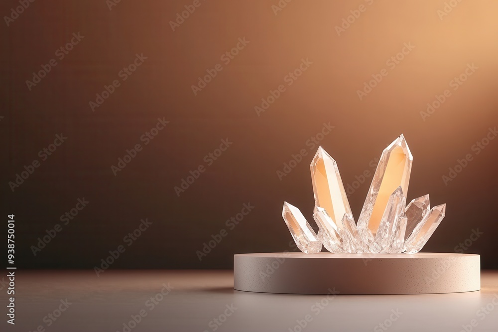 Poster shimmering elegance: abstract 3d podium with floating crystal shapes on dark background for high-end