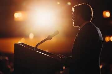 Silhouetted man speaking at podium, crowd in background, warm li