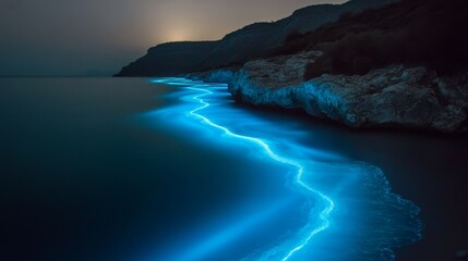 A mesmerizing image of bioluminescent plankton glowing in the ocean at night The tiny organisms create a stunning ethereal blue glow illuminating the waves and leaving trails of light in the water The
