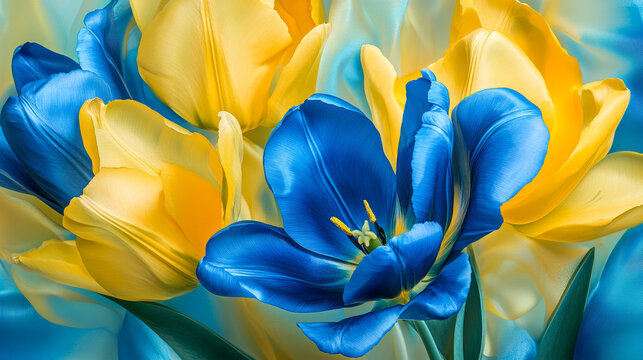 A vibrant floral background showcasing yellow and blue tulip flowers in close-up. The tulips display their delicate petals and rich colors, creating a stunning contrast between YELLOW AND BLUE