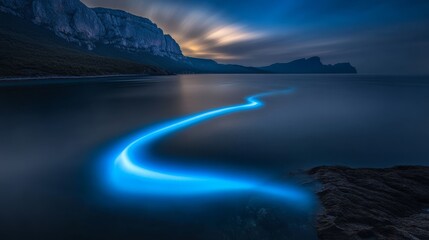 Fototapeta premium A mesmerizing image of bioluminescent plankton glowing in the ocean at night The tiny organisms create a stunning ethereal blue glow illuminating the waves and leaving trails of light in the water The