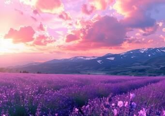 Fototapeta premium A vibrant lavender field at sunset, with purple flowers stretching towards the mountains and a dramatic, colorful sky filled with clouds.