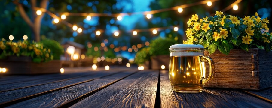 A 3D German beer garden with soft lighting on the right, symbolizing the social drinking culture in Germany.