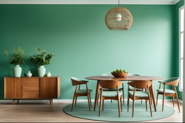 Mint color chairs at round wooden dining table in room with sofa and cabinet near green wall. Scandinavian, mid-century home interior design of modern living room