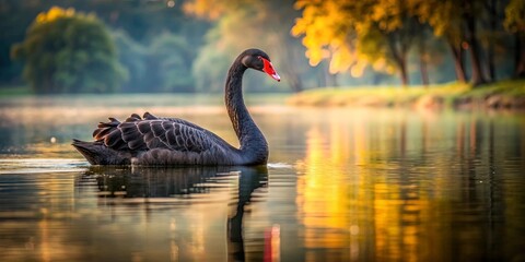 Majestic black swan swimming gracefully on calm water , elegant, bird, wildlife, nature, feathers, beauty