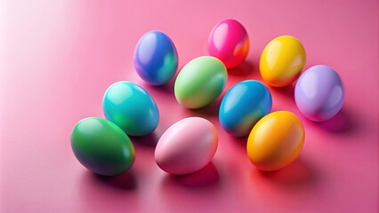 Colorful eggs on a pink surface in a vibrant rendering, Easter, eggs, render, pastel colors, festive, spring, decoration