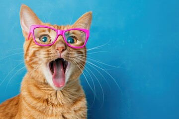 A surprised orange tabby cat wearing pink glasses against a blue background, staring with wide eyes and mouth open.