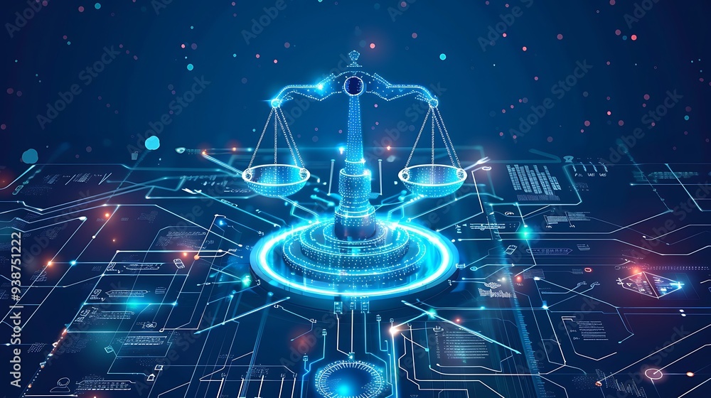 Poster digital representation of the scales of justice against a futuristic, technology-driven backdrop sig