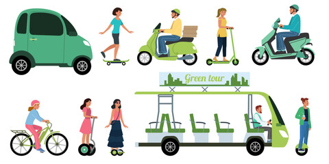 Electric transport. Ecological car. Green technology. People on bikes or scooters. Auto with electrical power battery. Urban mobile. Persons drive motorcycles and gyroscooters. Vector eco vehicles set © Natalia