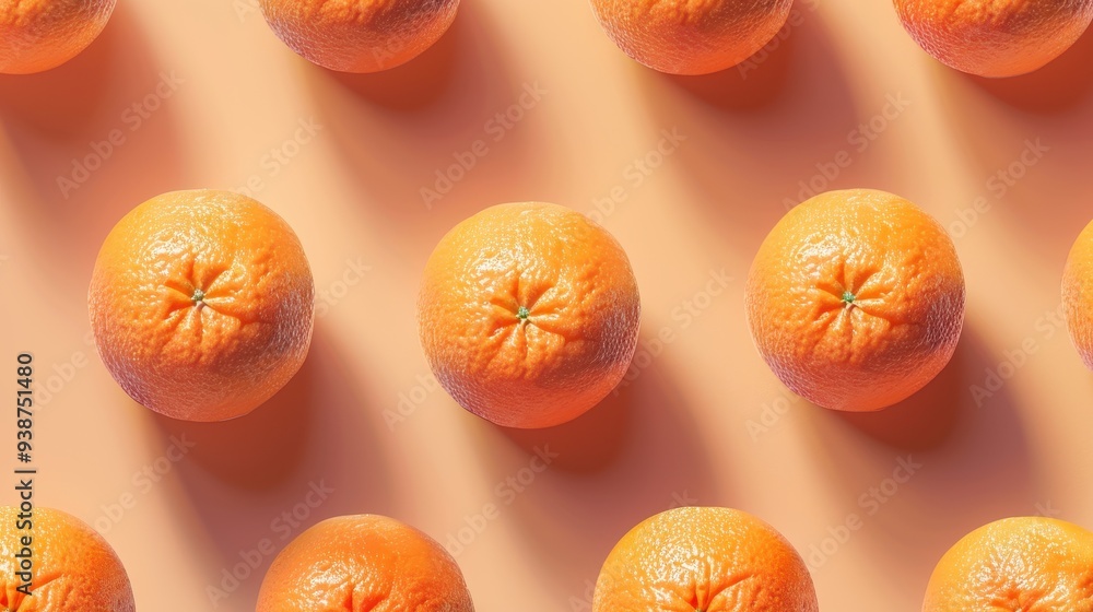 Poster a pattern of fresh oranges arranged in straight rows on a pastel background, creating a visually app