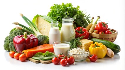 Assortment of fresh vegetables and dairy products on a white background, healthy, food, vegetables, dairy, products, assortment