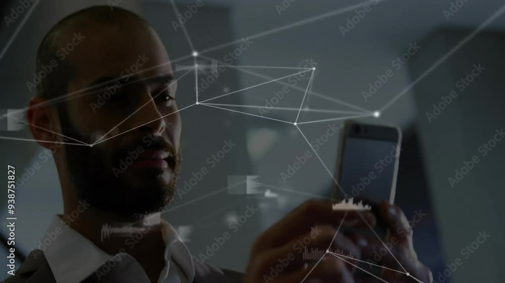 Poster interacting with network connections and data processing animation, man using smartphone