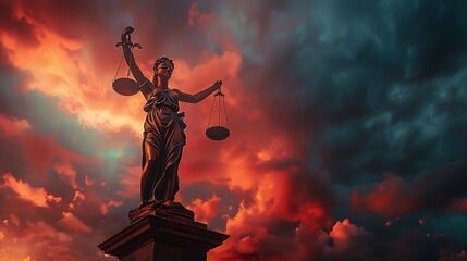 Dramatic shot of Lady Justice standing tall with fiery red and dark blue sunset sky for symbolizing justice strength and balance in law and fairness concept.