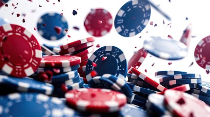 Casino Poker Chips Piling Up Winning Isolated Gaming Objects Card and Table Games Buy-in Ante Wager Element Blackjack Wallpaper Roulette Backdrop on White Background for Easy Editing