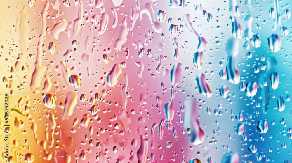 Poster close-up of multicolored water droplets on a glass surface, creating a vibrant and abstract backgrou