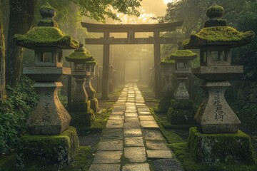 Obraz premium Stone Lanterns and Torii Gate in a Misty Forest.