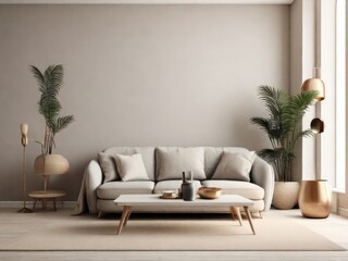 Minimalist modern living room interior background, living room mock up in scandinavian style, empty wall mockup, 3d rendering