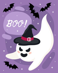 Fototapeta premium Halloween greeting card. Cute cartoon ghost, spirit. Ghost in a black witch hat, bats, purple background. Boo! Happy little ghost. 