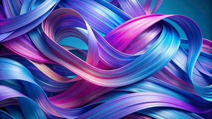 Dynamic multicolored ribbons in shades of purple and blue creating vibrant abstract formation and sense of motion, flowing