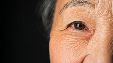 A detailed image of a womans face showing natural wrinkles around the eyes and mouth as she smiles The wrinkles are softly lit emphasizing the beauty of aging and the expression of joy creating a posi