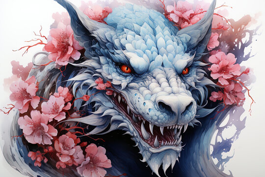 watercolor Fantastical dragon in Japanese style,, close-up, fantastic character, colorful bright background.ai generative art,