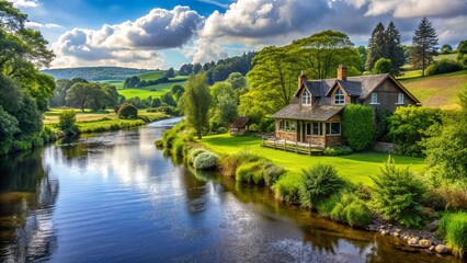 Fototapeta premium House overlooking peaceful river with a lush green landscape, home, riverfront, serene, waterfront, nature