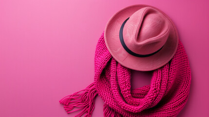 pink felt hat and knitted scarf on a solid pink background, fashion accessories for autumn and winter style, flat photography for fashion blogs and magazines