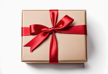 Gift box tied with red ribbon isolated on white background. image seen in the center and top