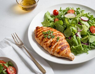 Chicken fillet with salad. Healthy food, keto diet, diet lunch concept. Top view on white background. Ai generated image