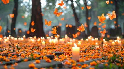 Illuminated Cemetery of Serenity: Nighttime Remembrance with Marigold Petals on Day of the Dead,Generative Ai