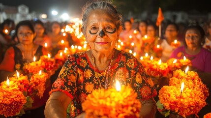 Traditional Day of the Dead Procession in a Small Village - Honoring the Departed with Candles and Offerings to the Cemetery,Generative Ai