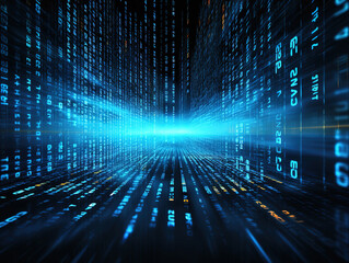 Obraz premium Gorgeous Technology of binary code data flying in a stream vortex of information, neural network