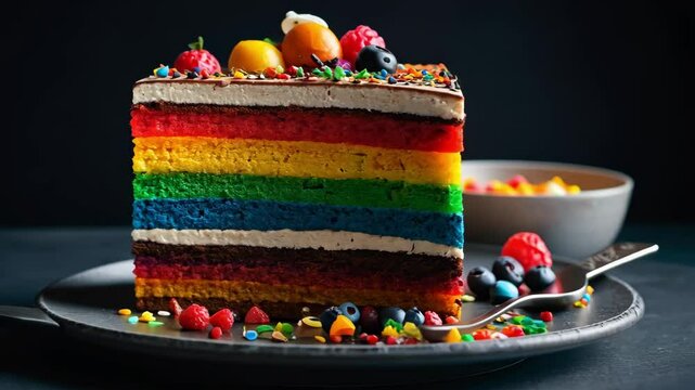 Video footage of multi layered rainbow cake on a plate, with each layer featuring a different color of the rainbow