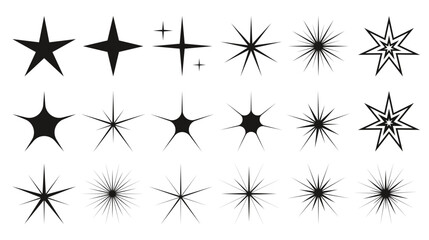Set of twinkling sparkling stars, glowing flashes. Collection of bright light sun rays, sparks.