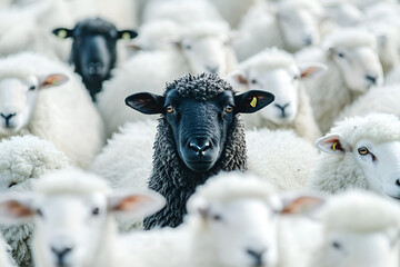 A black sheep among white sheep symbolizes individuality and leadership.