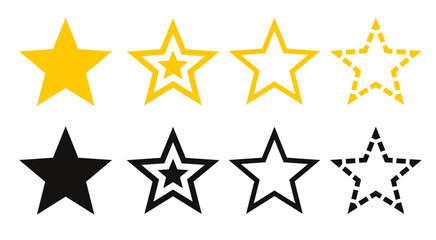 Set of gold, black stars with different variants on white background. Collection of rating icons.
