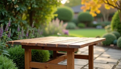 Naklejka premium Sunlit wooden table in a lush, well-maintained garden with vibrant greenery and blooming flowers, evoking a serene, tranquil atmosphere.