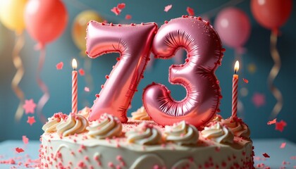 Number 73rd Birthday Balloon Celebration Cake, Adorned with Sparkling Confetti, Stars, Glitters, and Streamer Ribbons for a Festive Atmosphere