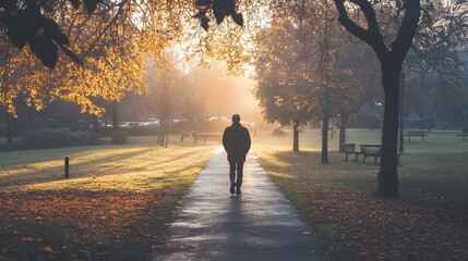 A serene autumn scene featuring a solitary figure walking along a misty path illuminated by soft morning light, surrounded by vibrant orange leaves. 