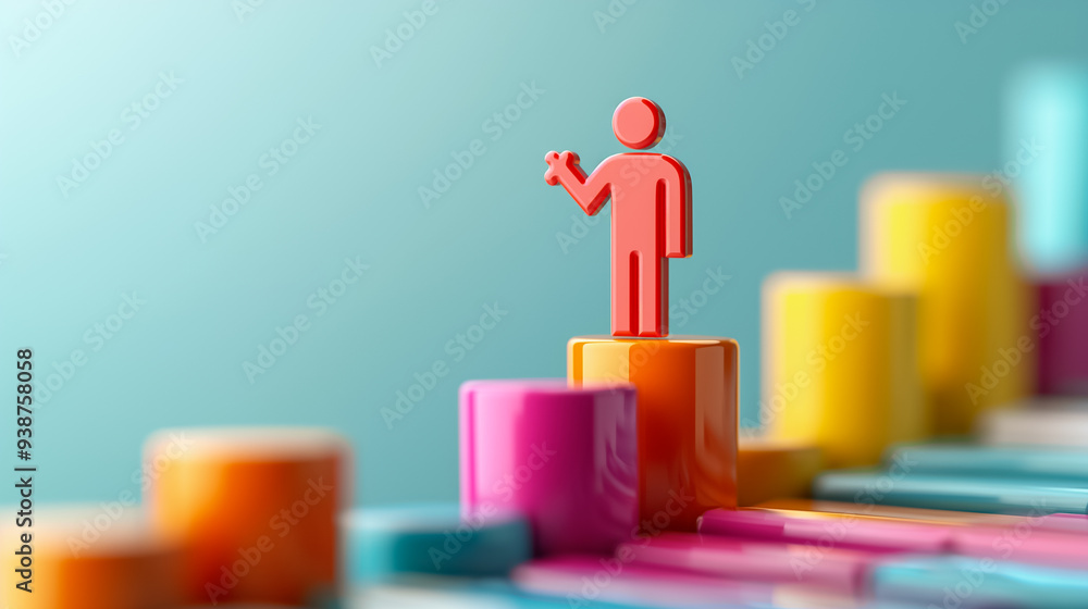 Poster a red figurine is positioned confidently atop a stack of vibrant blocks, symbolizing accomplishment.